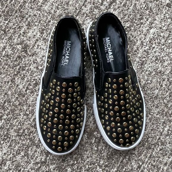 Michael‎ Kors Girls Ivy Jade 14 Sneakers Gold Studded Slip on Black Size 1 - Picture 1 of 8